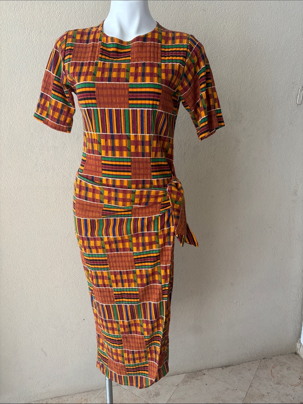 vintage california gold  rushKente-Inspired Multicolor Midi Dress with Side Tie